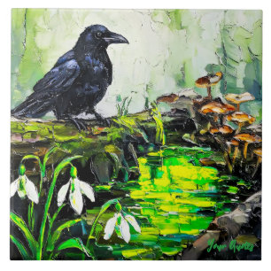 Azulejo Cuadro de óleo de cuervo negro y arroyo de bosque 