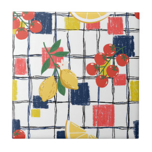 Azulejo Cuadro de Plaid de Limones y Tomates Mediterráneos
