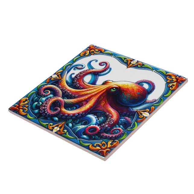 Azulejo Cuadros de pulpo caprichoso en olas (Lado)