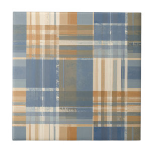 Azulejo Cuadros Escoceses Grunge Azul y Naranja Oxidado
