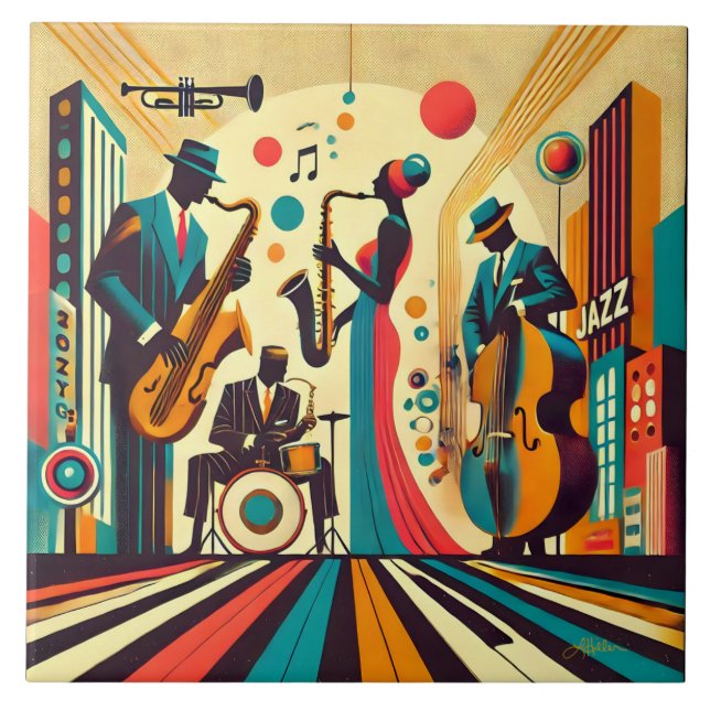 Azulejo Cuarteto de la Edad de Jazz de Mid Century (Frente)