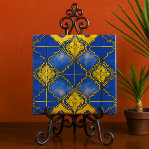 Azulejo Cuatrifolios de Patrón Marroquí Azul y Dorado