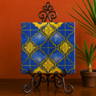 Azulejo Cuatrifolios de Patrón Marroquí Azul y Dorado