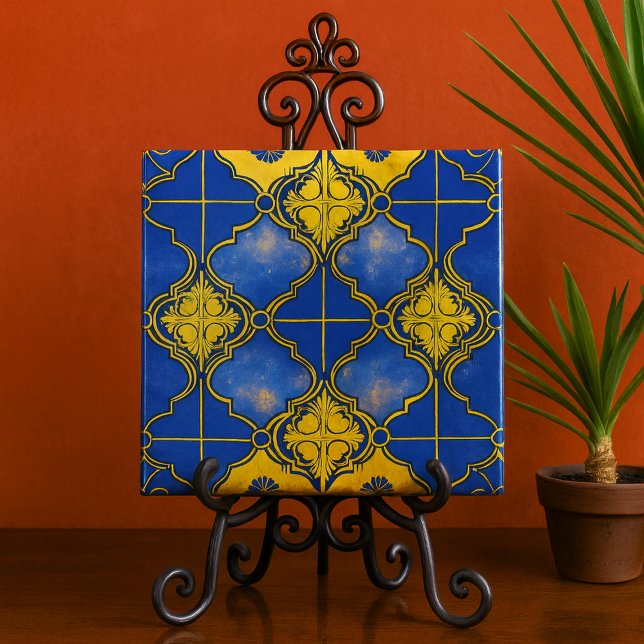 Azulejo Cuatrifolios de Patrón Marroquí Azul y Dorado (Moroccan pattern blue and gold decorative ceramic tile for bathroom kitchen patio)