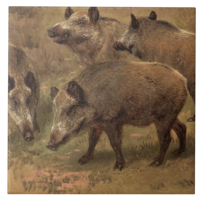Azulejo Cuatro Boars en un paisaje de hierba (por Rosa Bon (Frente)