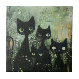 Azulejo Cuatro Gatos Negros con Margaritas sobre Gris Mezc