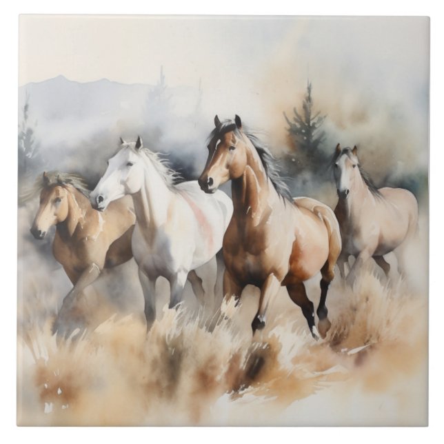 Azulejo “Cuatro Mustangs Salvajes” Acuarela Occidental Pol (Frente)