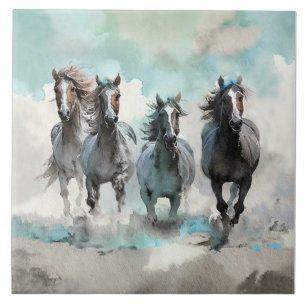 Azulejo Cuatro Mustangs Salvajes Galopan a Través de la Pr