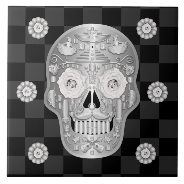 Azulejo Cubierta cerámica cromada Calavera (rosa blanca) (Frente)