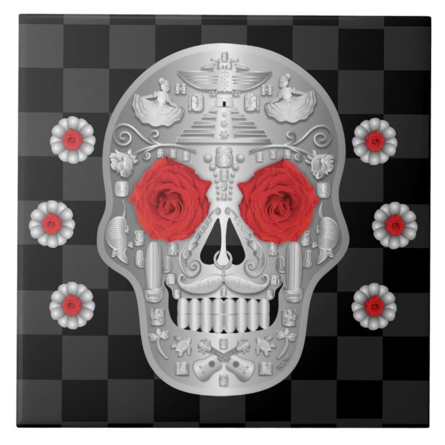 Azulejo Cubierta cerámica cromada Calavera (Rosa Roja) (Frente)