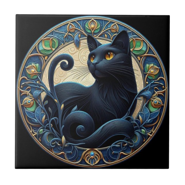 Azulejo Cubierta cerámica de gato negro Art Nouveau (Frente)