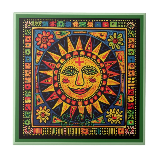 Azulejo Cubierta cerámica Huichol Loteria: Cerámica El Sol (Frente)