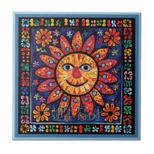 Azulejo Cubierta cerámica Huichol Loteria: El Sol Tile Cer