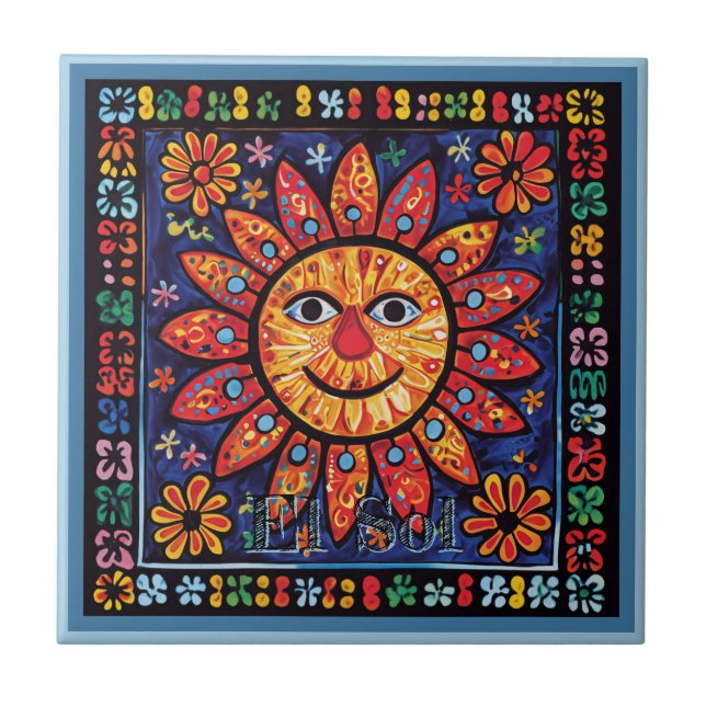 Azulejo Cubierta cerámica Huichol Loteria: El Sol Tile Cer (Frente)