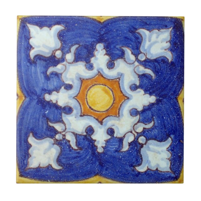 Azulejo Cubierta cerámica pintada a mano con azul y amaril (Frente)