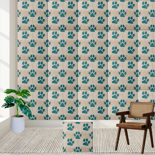 Azulejo Cubierta de patrón de impresión de trazo Verde azu (Cute Teal Paw Print Pattern Tile)