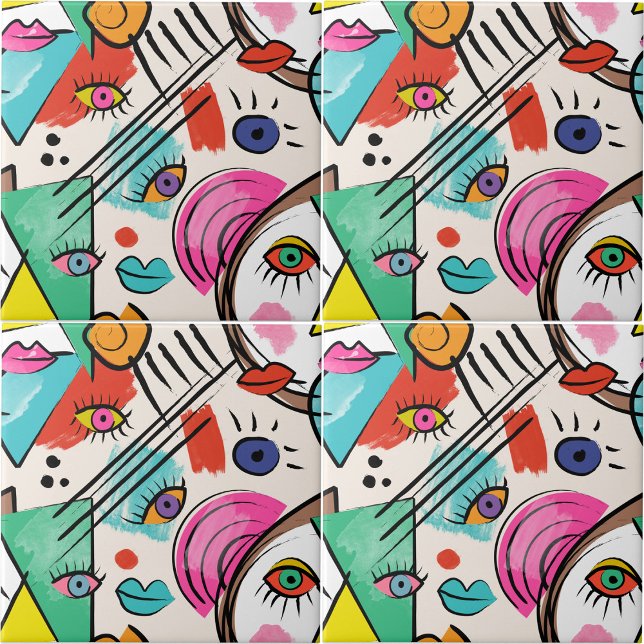 Azulejo Cubismo moderno Resumen Artsy Face Face Art (Modern Cubism Abstract Artsy Female Faces Art Ceramic Tile)