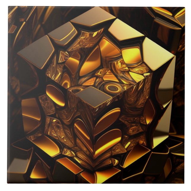 Azulejo Cubo ámbar y dorado, efecto 3D (Frente)