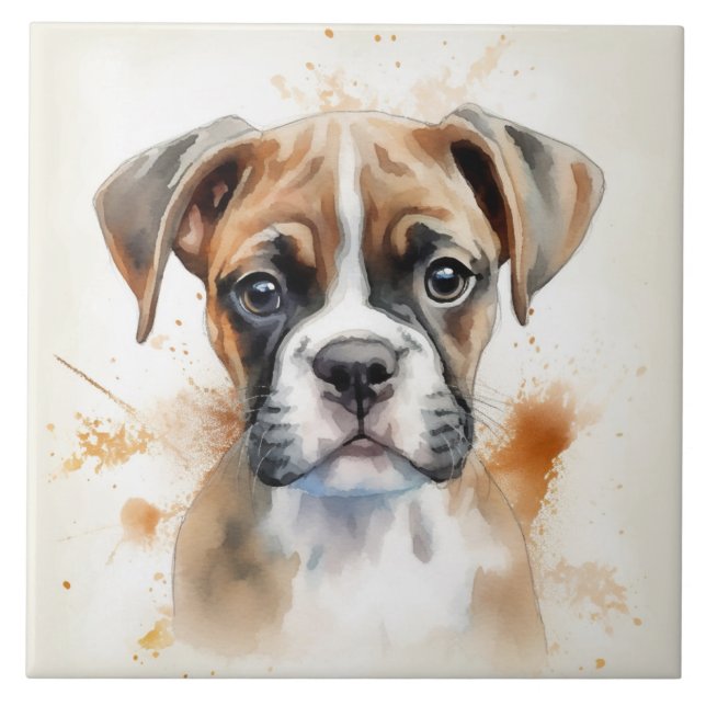 Azulejo Cubo Boxer Puppy acuarela (Frente)