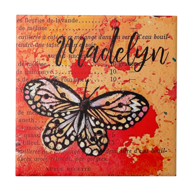 Azulejo Cubo mariposa acuarela Vintage Boho Añadir nombre (Frente)