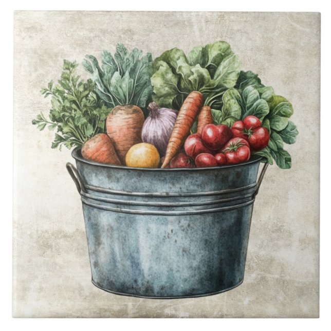 Azulejo Cubo rústico lleno de verduras  (Frente)