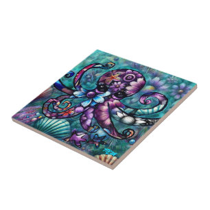 Azulejo Cuenca azul púrpura del pulpo floral Verde azulado