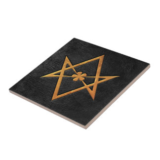 Azulejo Cuero Unicursal de oro del negro del Hexagram de