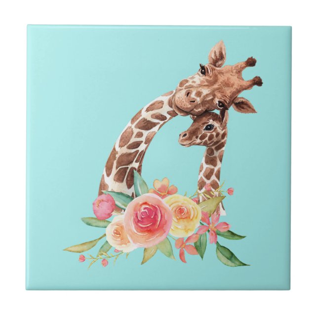 Azulejo Cuidada Giraffe Acuarela Mamá y Bebé Cerámica Tile (Frente)