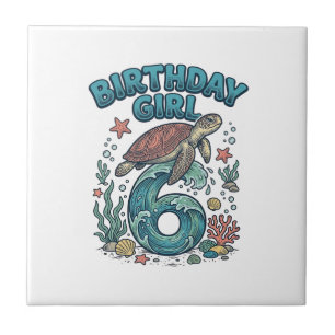 Azulejo Cumpleañera 6 Tortuga Marina Diseño de Fiesta Vint