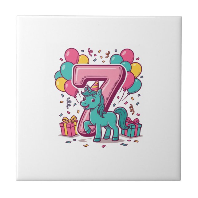 Azulejo Cumpleaños 7 del Caballo Diseño de Vector de Cute  (Frente)