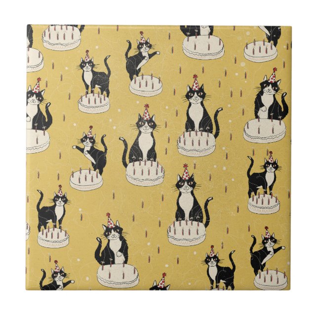 Azulejo Cumpleaños de gato vintage (Frente)