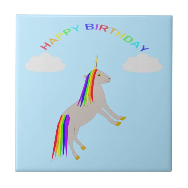 Azulejo Cumpleaños de la fantasía Unicornio Arcoiris y nub (Frente)