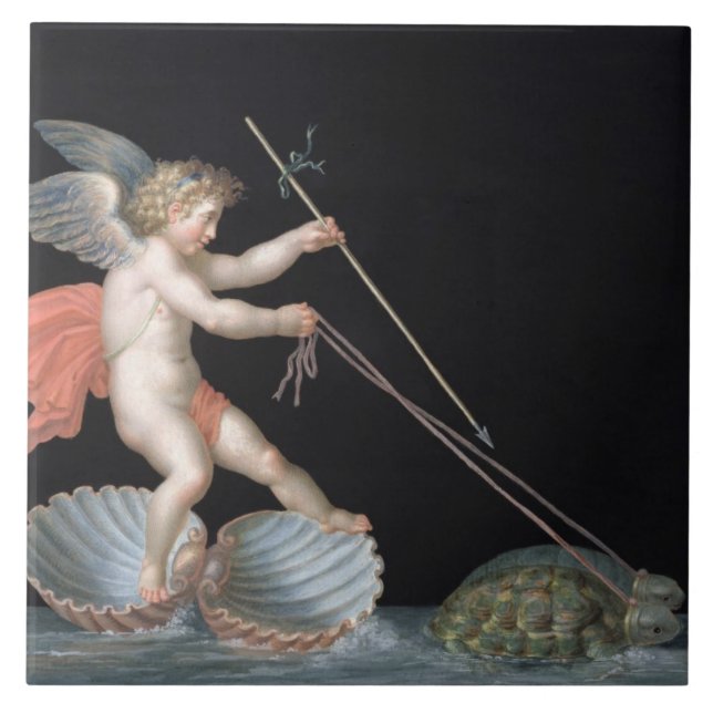 Azulejo Cupid que es llevado por las tortugas (aceite en (Frente)