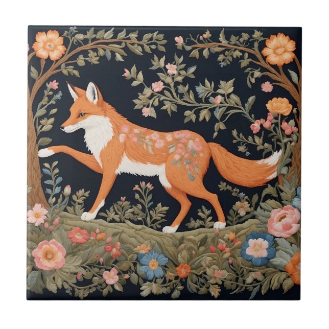 Azulejo Curioso Fox Faux Embroidery Elegante Floral (Frente)
