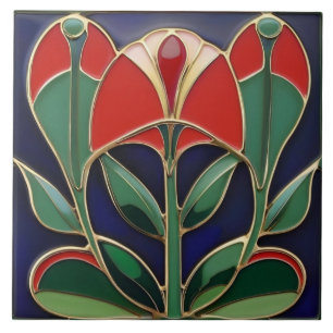 Azulejo Curvas de flores verdes y rojas modernistas de Art