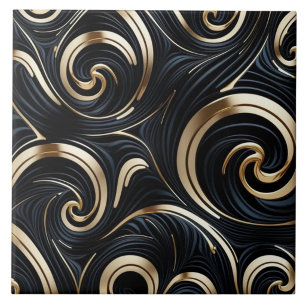 Azulejo Curvas orgánicas - Negro y dorado abstracto