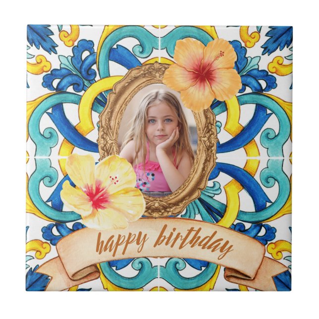 Azulejo Custom Birthday Photo Blue Mediterranean Tile Cera (Frente)