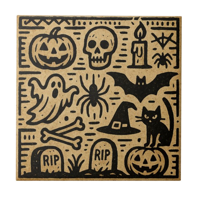 Azulejo Cute ancient hieroglyph pumpkin and bat Halloween (Frente)