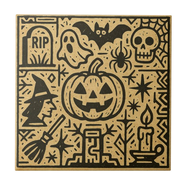 Azulejo Cute ancient hieroglyph pumpkin, witch Halloween (Frente)