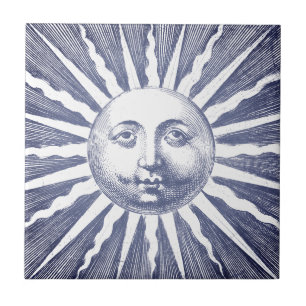 Azulejo Cute Antiguo Vintage Navy Blue Sun Face