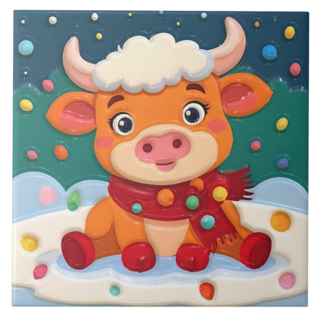 Azulejo Cute Baby Highland Cow w Christmas Lights on Teal (Frente)