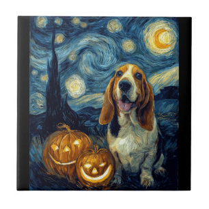 Azulejo Cute Basset Hound Dog Halloween Jack O Lantern Pum