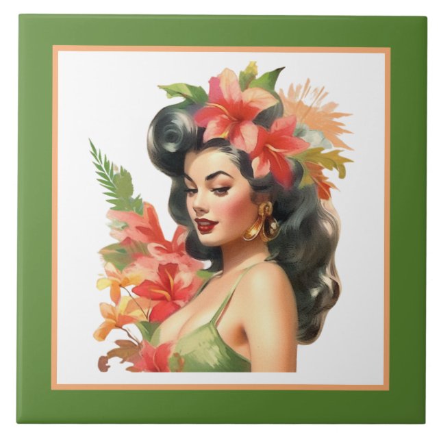 Azulejo Cute beach Hawaiian lady (Frente)
