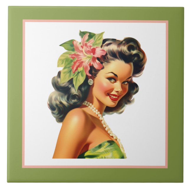 Azulejo Cute beach Hawaiian lady (Frente)