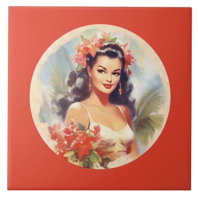 Azulejo Cute beach Hawaiian lady (Frente)