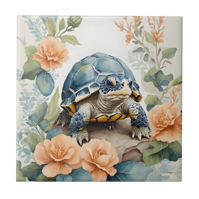 Azulejo Cute bebé Tortoise Pastel Floral acuarela (Frente)