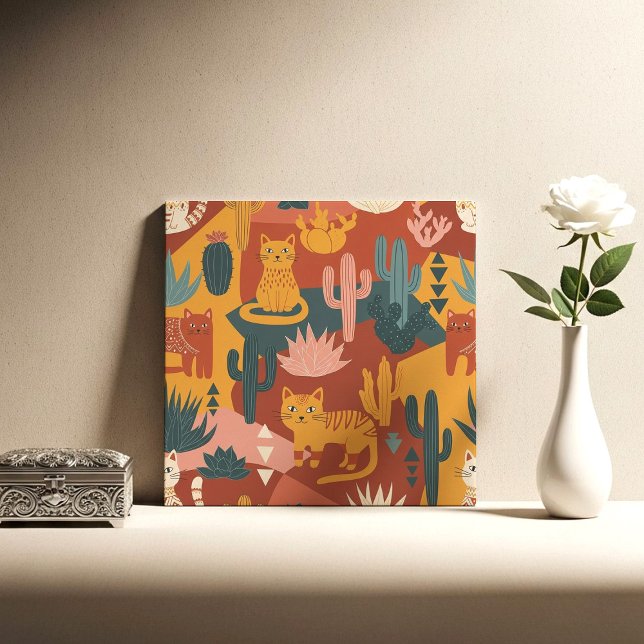 Azulejo Cute Boho Desert Cats Cactus Succulent Pattern (Subido por el creador)
