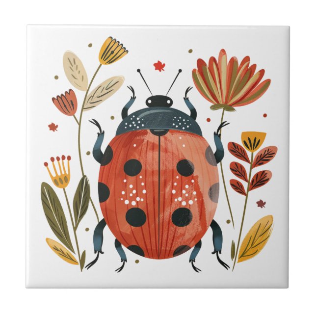 Azulejo Cute Boho Red Ladybug Arte Popular Escandinavo (Frente)