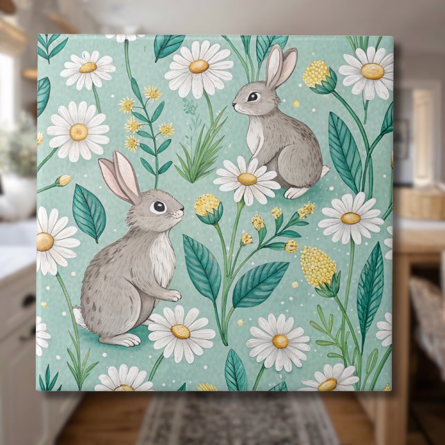 Azulejo Cute Bunnies Sitting Among White Daisies (Subido por el creador)