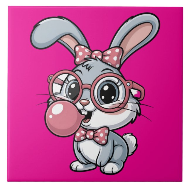 Azulejo Cute Bunny with Glasses Blowing Bubble Gum (Frente)